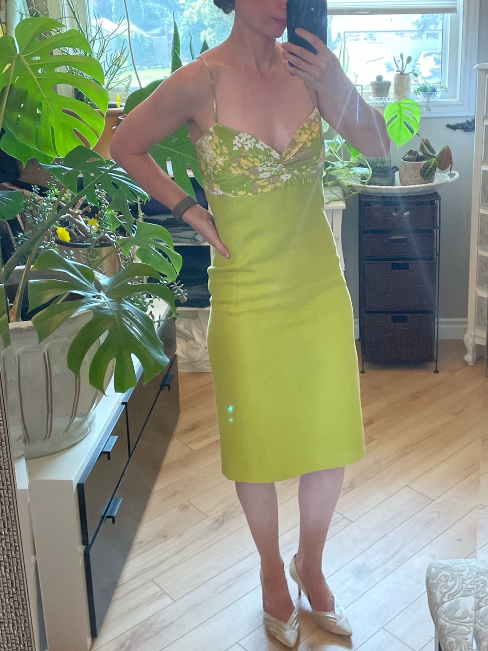 Valentino Sz 8 Lime Green With Silk Floral Bustier Dress